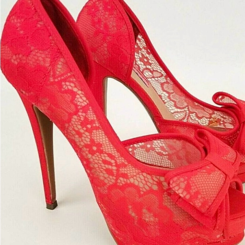 Betsey Johnson Red Lace Bow Heels 5.5 Y2K Platform Peep Toe, Read!